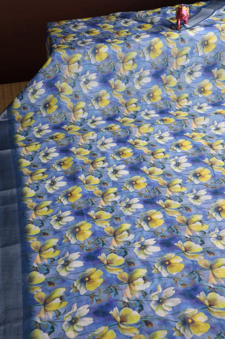 Daffane Blue Linen Saree with Silver Zari Floral Patterns view 2