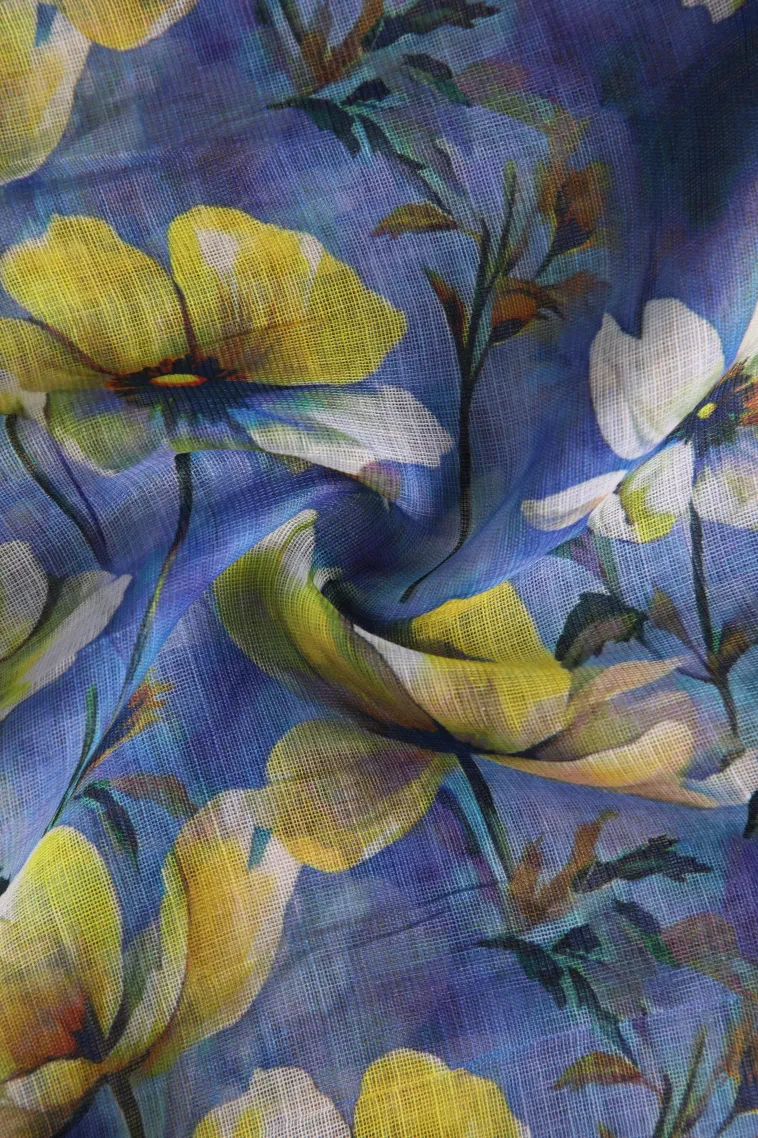 Daffane Blue Linen Saree with Silver Zari Floral Patterns view 4