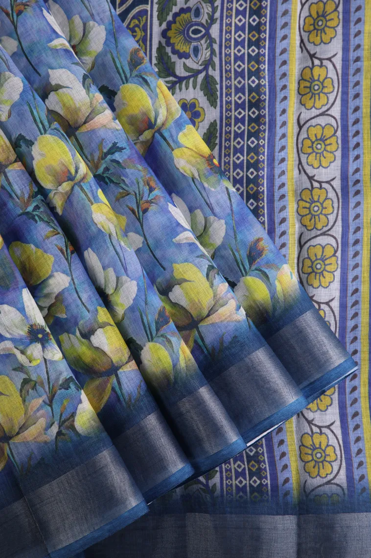 Daffane Blue Linen Saree with Silver Zari Floral Patterns
