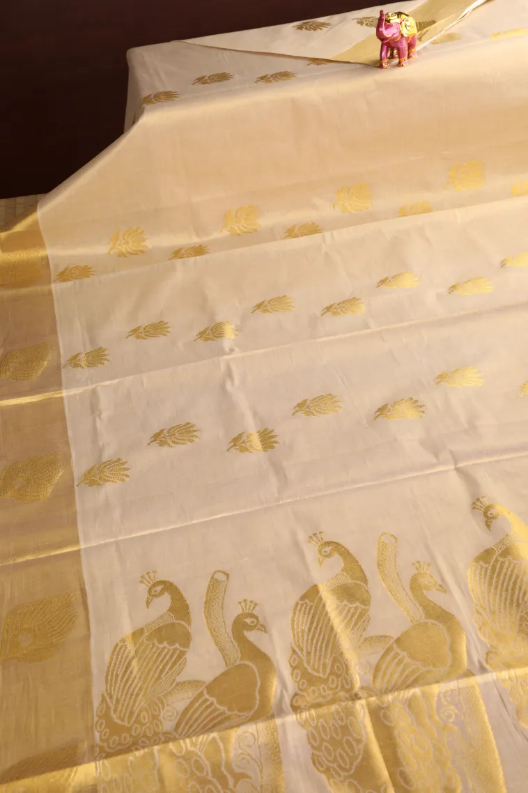 Cream White Kasavu Sarees with Gold Zari Flower Mottif view 2