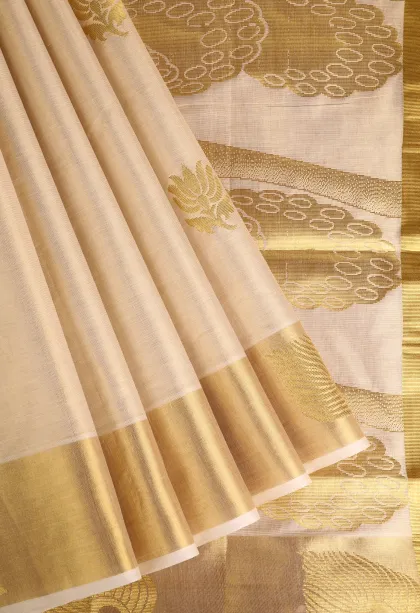Cream White Kasavu Sarees with Gold Zari Flower Mottif