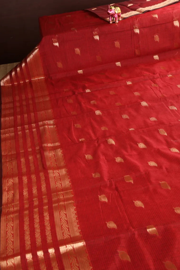 Apple Red Raw Silk Sarees with Gold Zari Mango Puttas view 2
