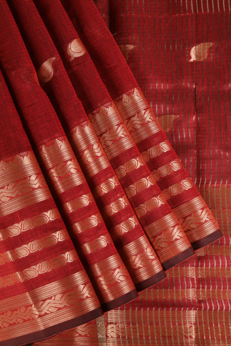 Apple Red Raw Silk Sarees with Gold Zari Mango Puttas