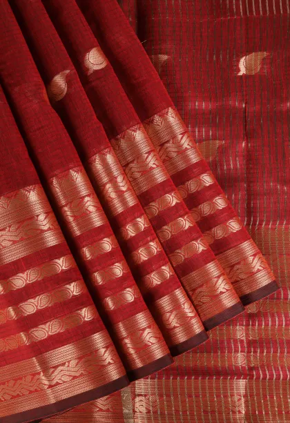 Apple Red Raw Silk Sarees with Gold Zari Mango Puttas