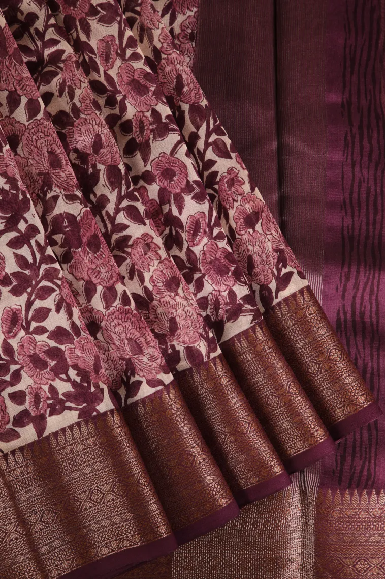 Coconut White Chanderi Cotton Sarees with Copper Zari Floral Patterns view 1