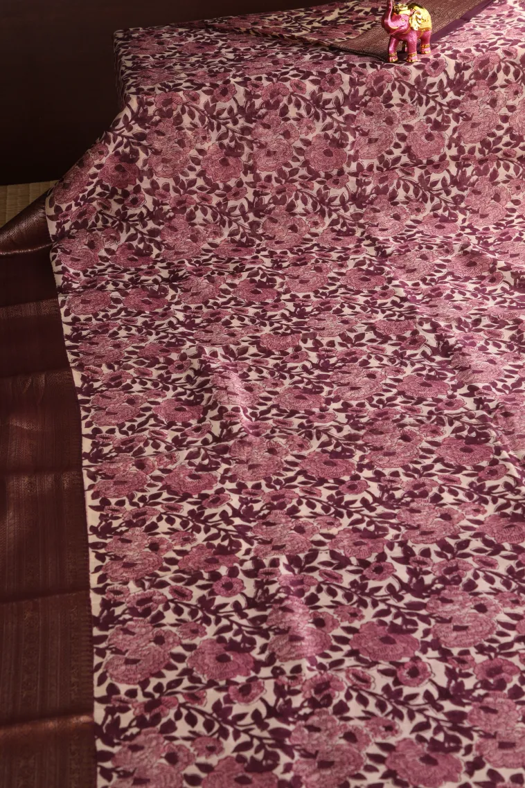Coconut White Chanderi Cotton Sarees with Copper Zari Floral Patterns view 2