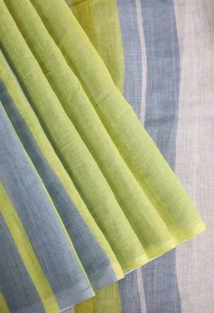 Olive Green Linen Saree Without Zari With Stripes