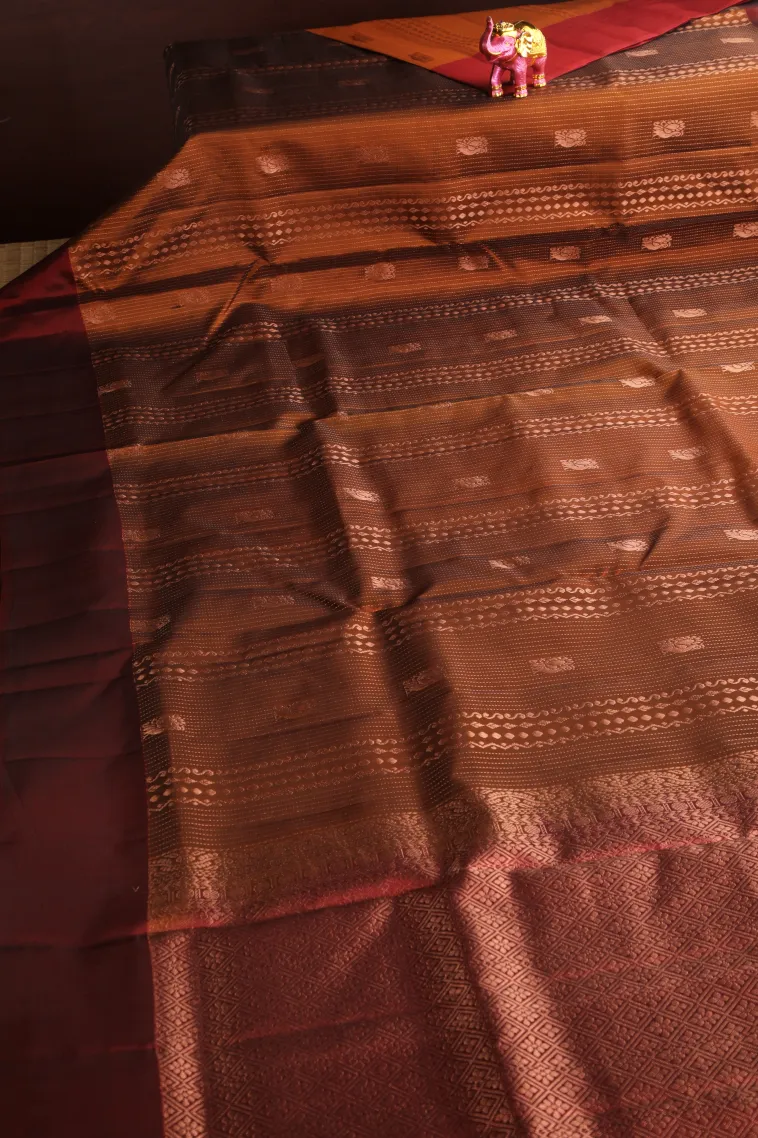Tawny Brown Soft Silk Saree with Copper Zari Straipes And Puttas view 2