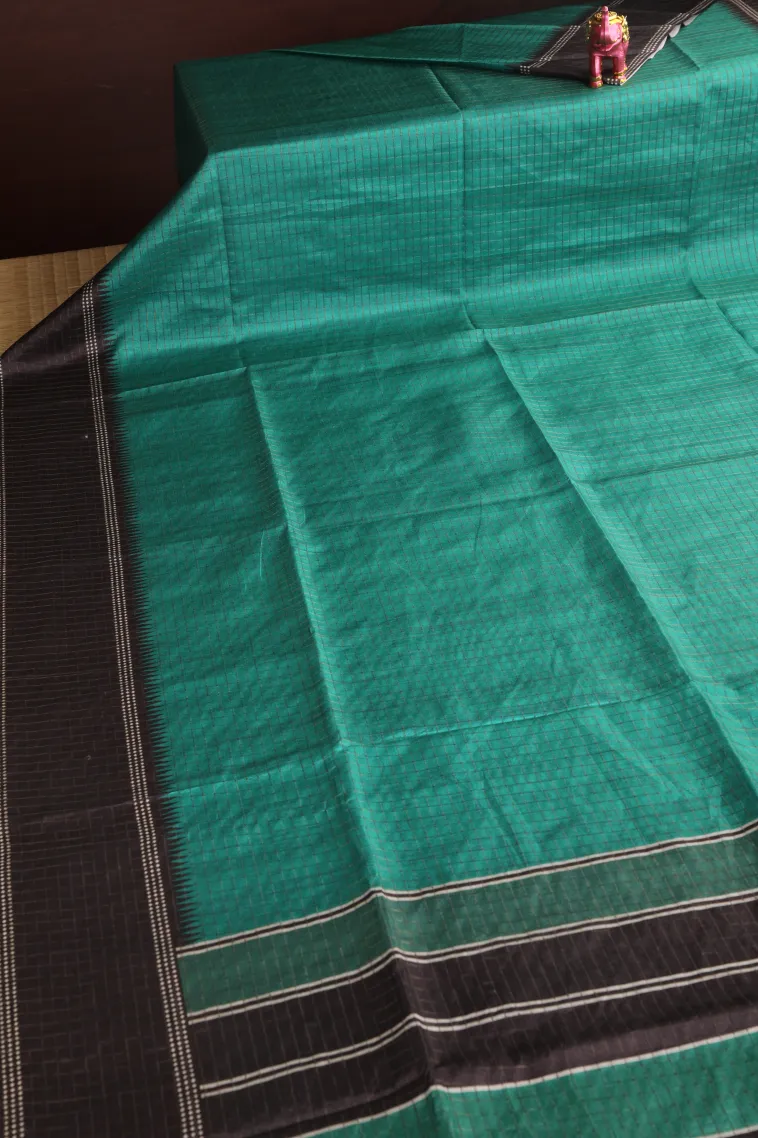Teal Blue Tussar Saree with Gold Zari Checks view 2