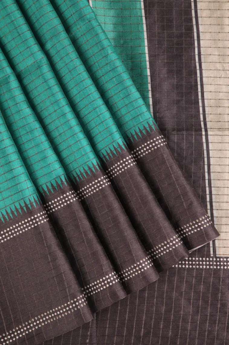 Teal Blue Tussar Saree with Gold Zari Checks
