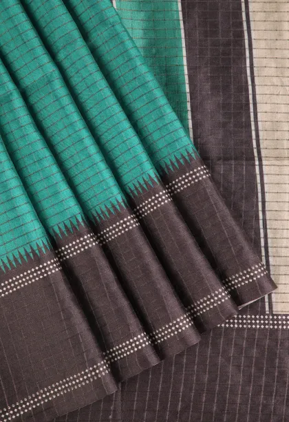 Teal Blue Tussar Saree with Gold Zari Checks