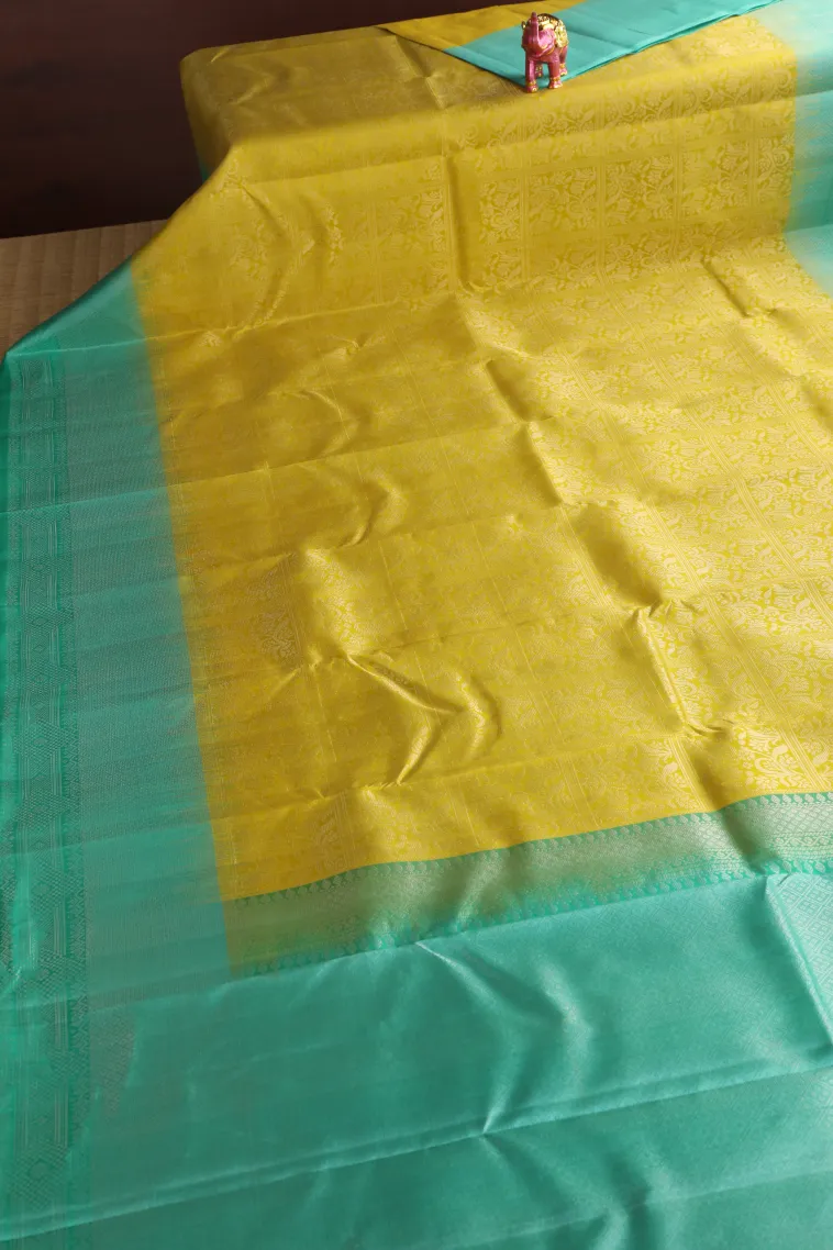 Lemon Yellow Soft Silk Saree with Silver Zari Checks view 2