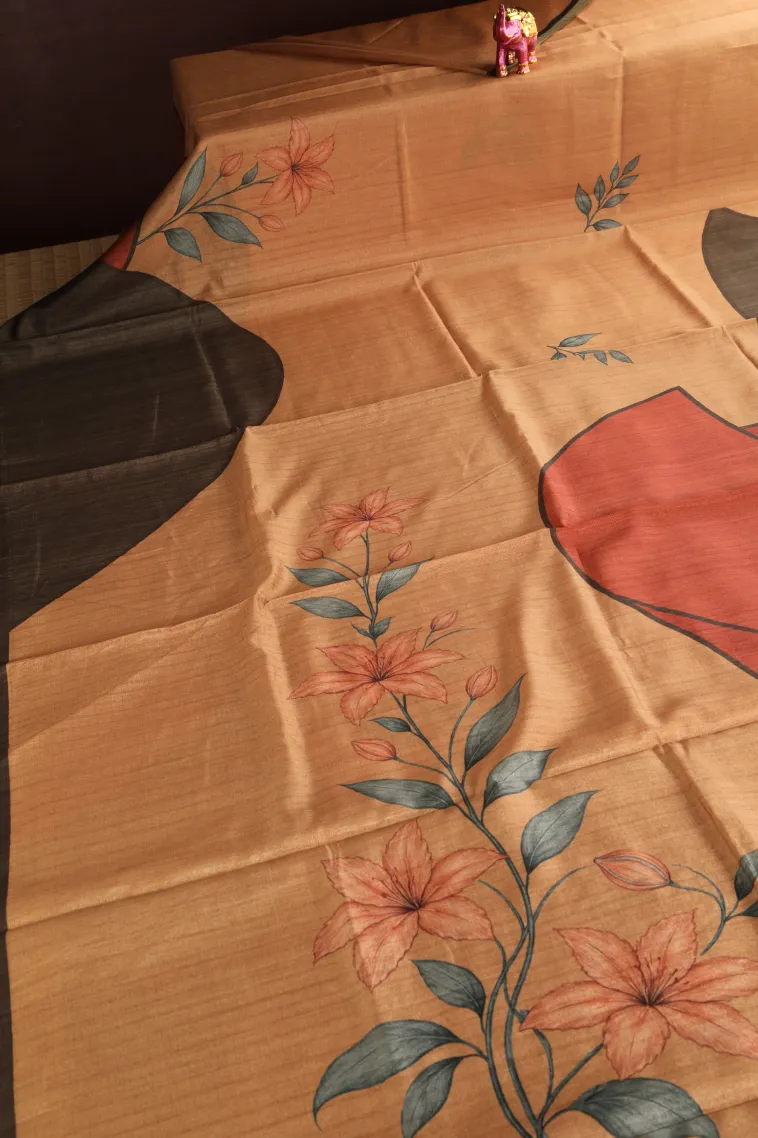 Sepia Yellow Semi Raw Silk Printed Without Zari With Geometric Shapes view 2