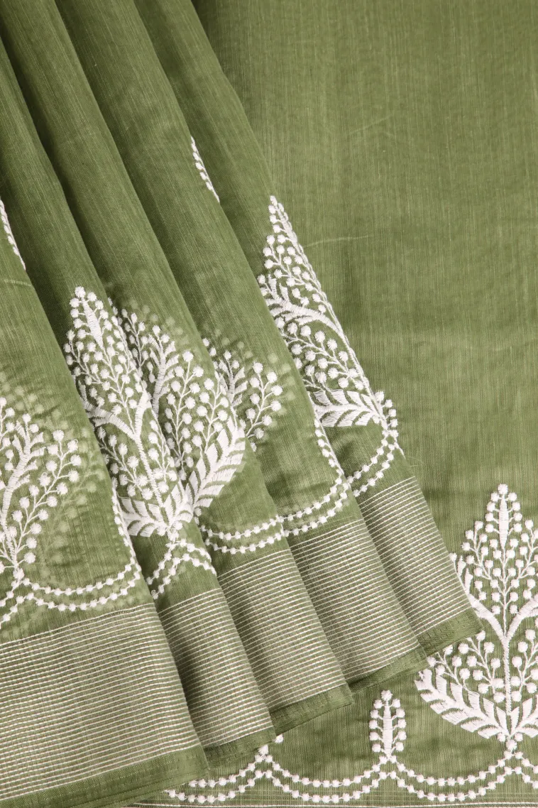 Moccon Green Manipuri Cotton Sarees Without Zari With Tree Mottif