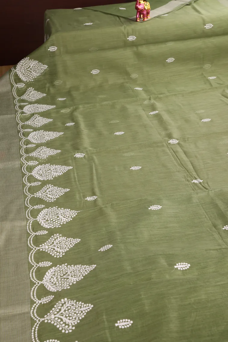 Moccon Green Manipuri Cotton Sarees Without Zari With Tree Mottif view 2