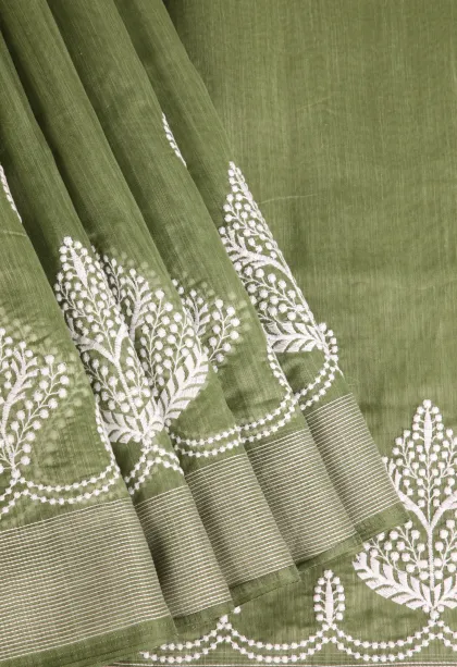 Moccon Green Manipuri Cotton Sarees Without Zari With Tree Mottif