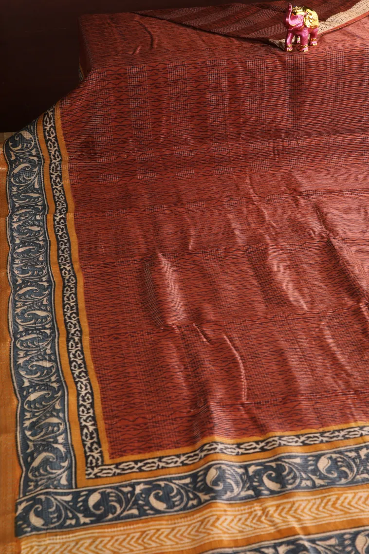 Tawny Brown Chanderi Cotton Sarees with Gold Zari Stripes view 2