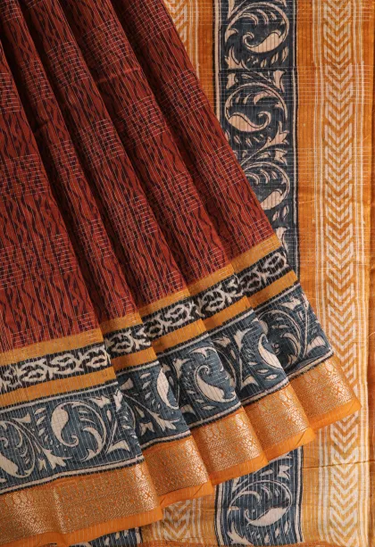 Tawny Brown Chanderi Cotton Sarees with Gold Zari Stripes