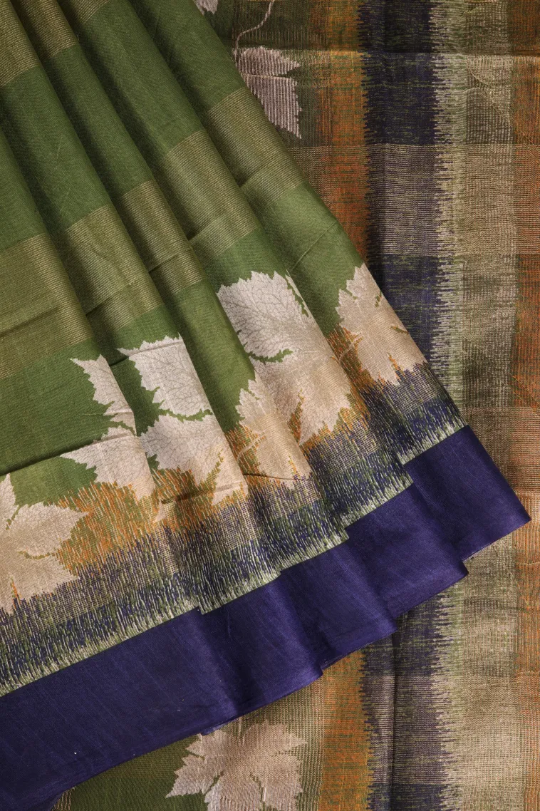 Olive Green Semi Tussar Silk with Gold Zari Stripes