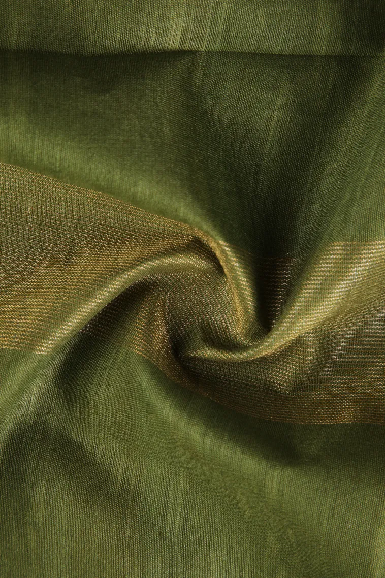 Olive Green Semi Tussar Silk with Gold Zari Stripes view 4