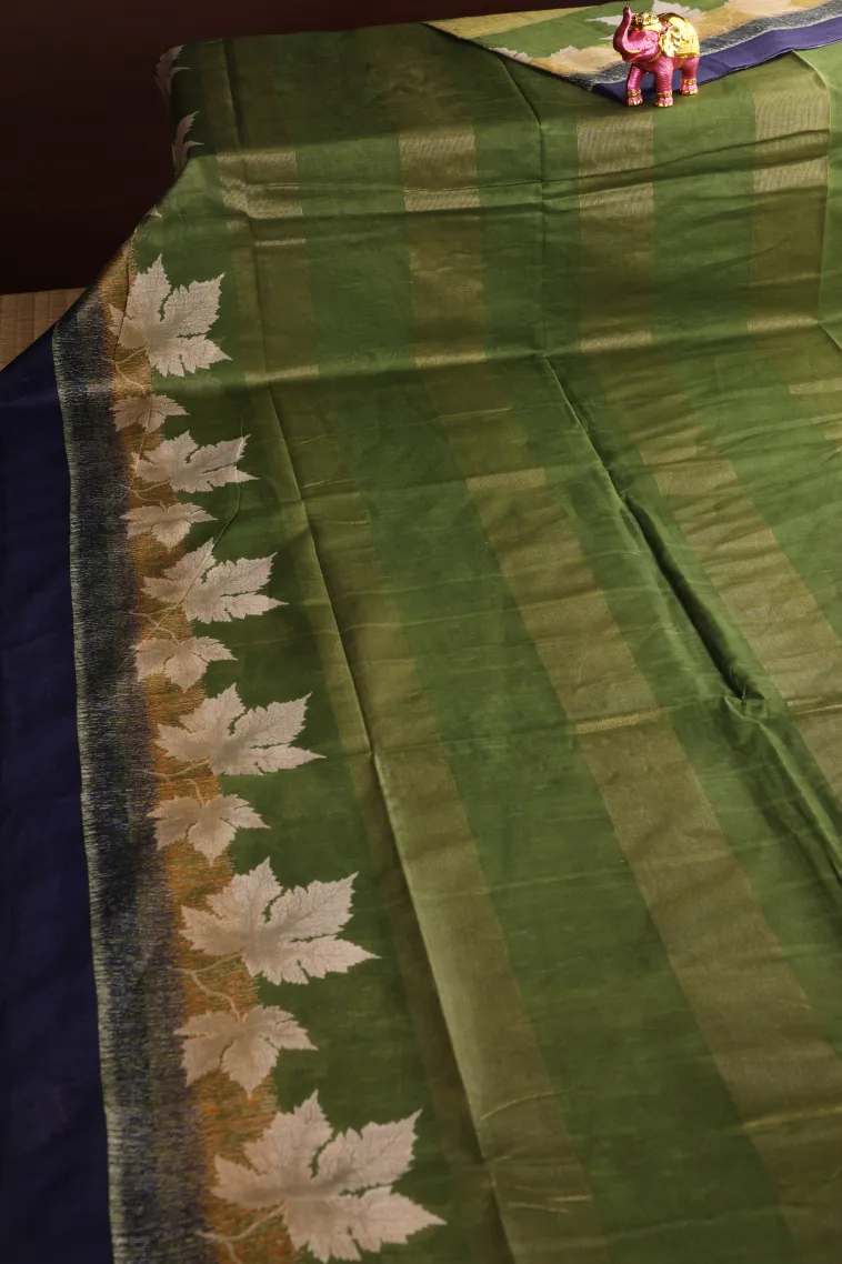 Olive Green Semi Tussar Silk with Gold Zari Stripes view 2