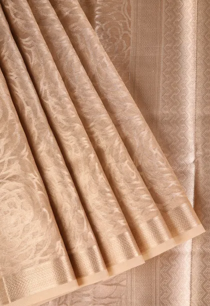 Vanilla Custard Yellow Organza Saree with Bronze Zari Floral Patterns
