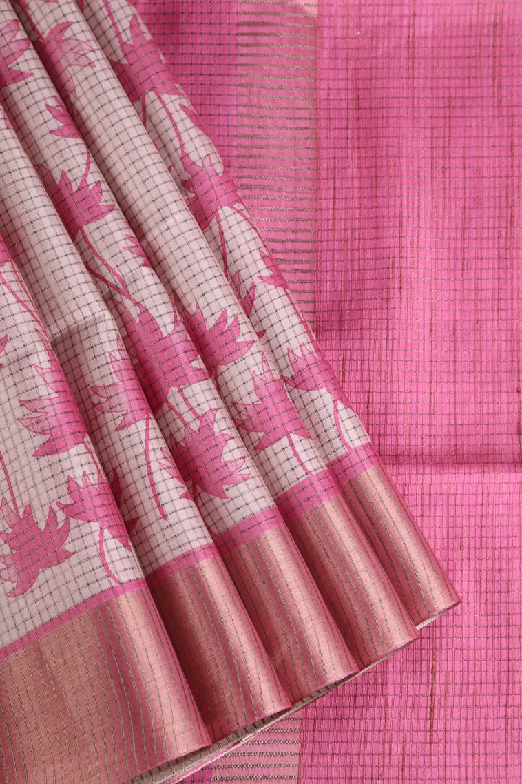 Bubblegum Pink Jute Sarees with Gold Zari Floral Patterns