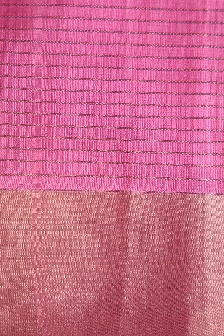 Bubblegum Pink Jute Sarees with Gold Zari Floral Patterns view 3