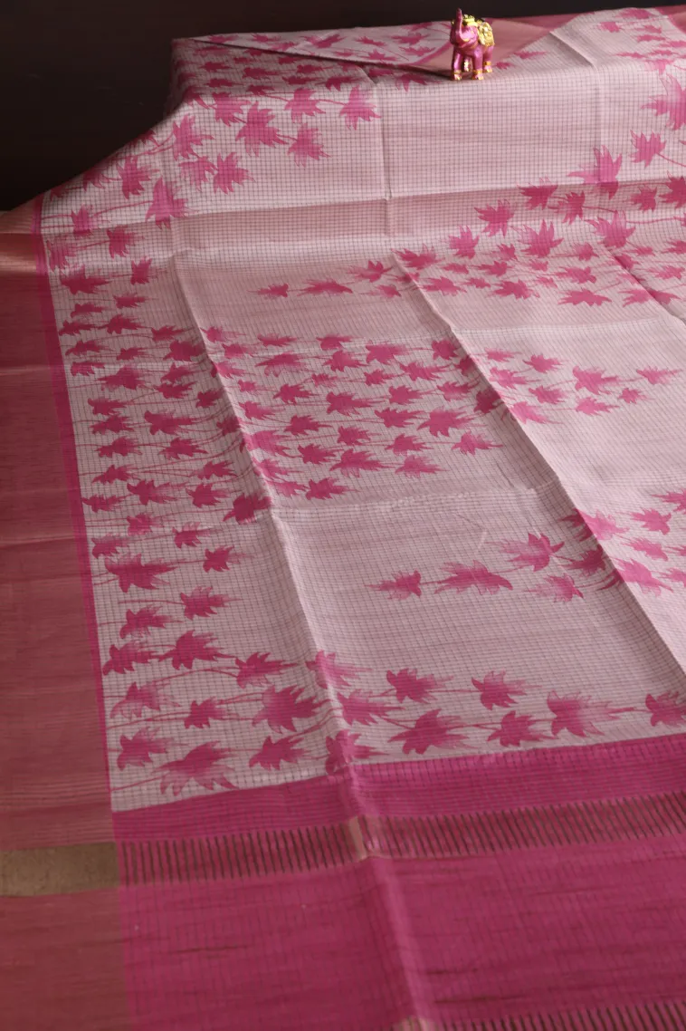 Bubblegum Pink Jute Sarees with Gold Zari Floral Patterns view 2