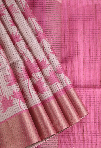 Bubblegum Pink Jute Sarees with Gold Zari Floral Patterns