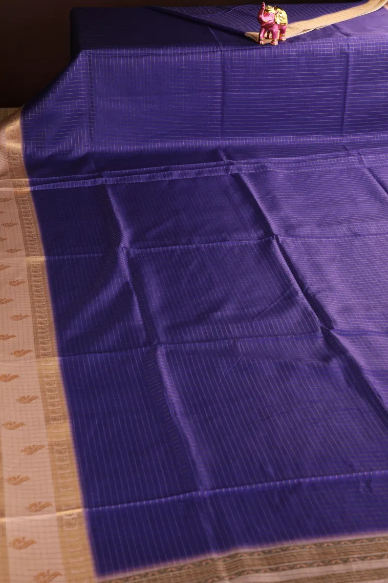 Berry Blue Semi Tussar Silk with Gold Zari Small Checks Pattern view 2