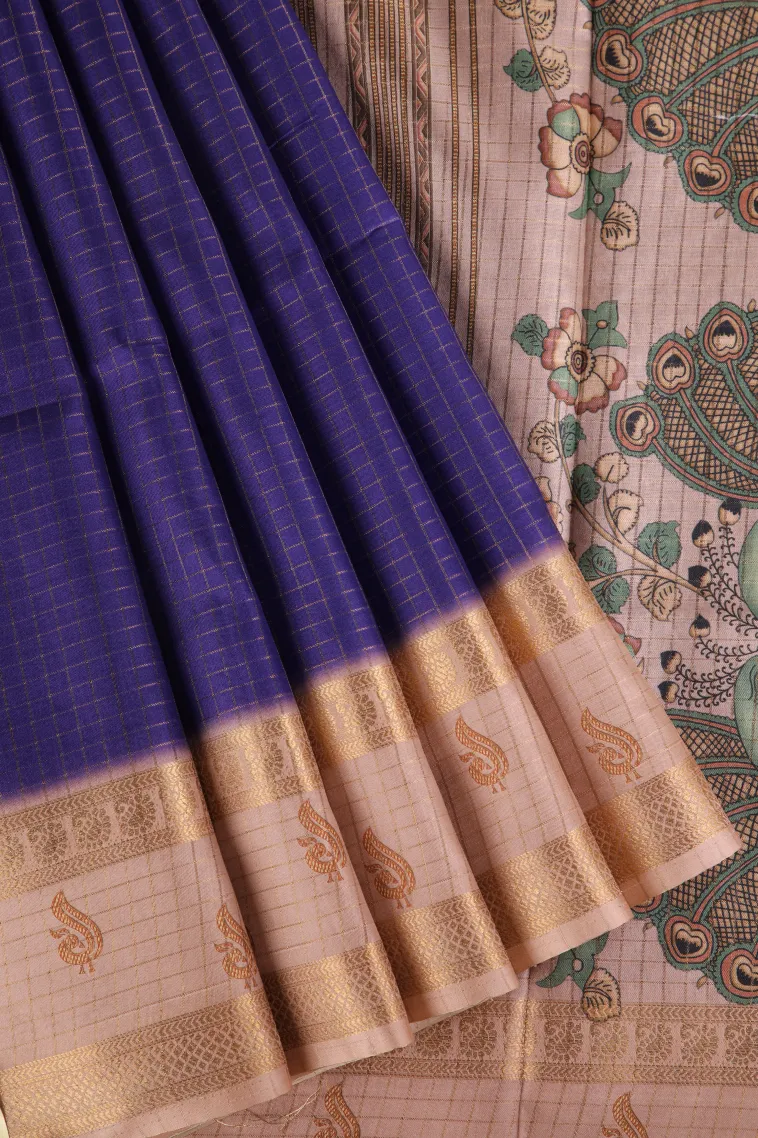 Berry Blue Semi Tussar Silk with Gold Zari Small Checks Pattern