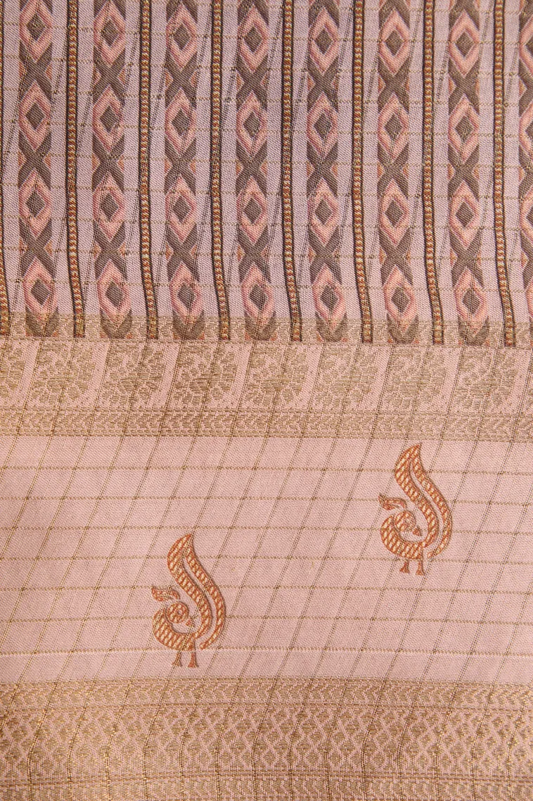 Berry Blue Semi Tussar Silk with Gold Zari Small Checks Pattern view 3