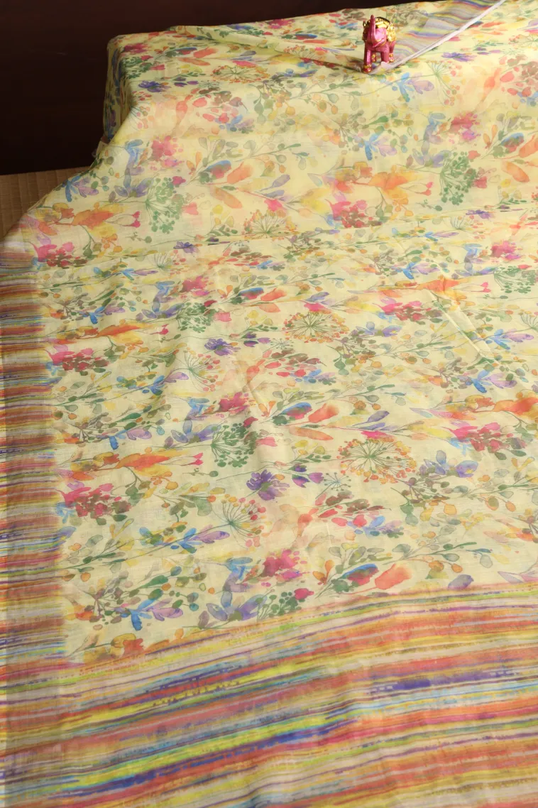Olive Green Linen Saree with Silver Zari Floral Patterns view 2