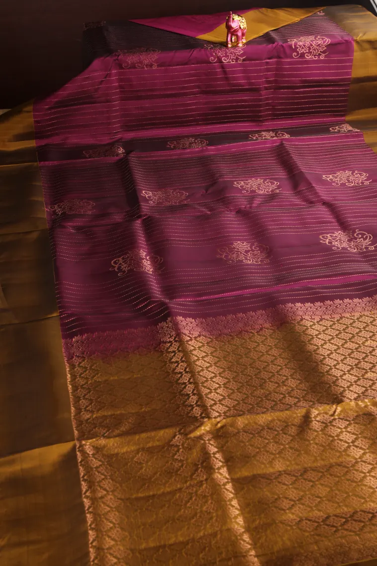 Magenta Purple Soft Silk Saree with Copper Zari Straipes And Puttas view 2