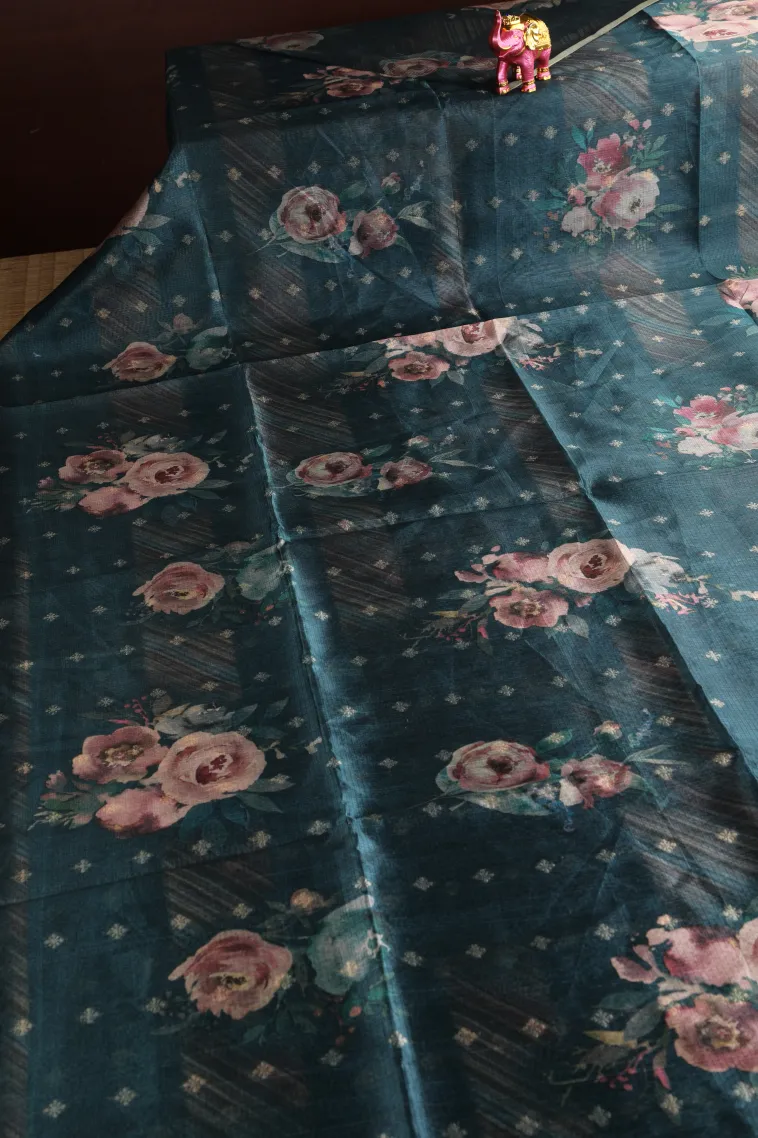 Cerulean Blue Semi Tussar Silk with Bronze Zari Floral Patterns view 2