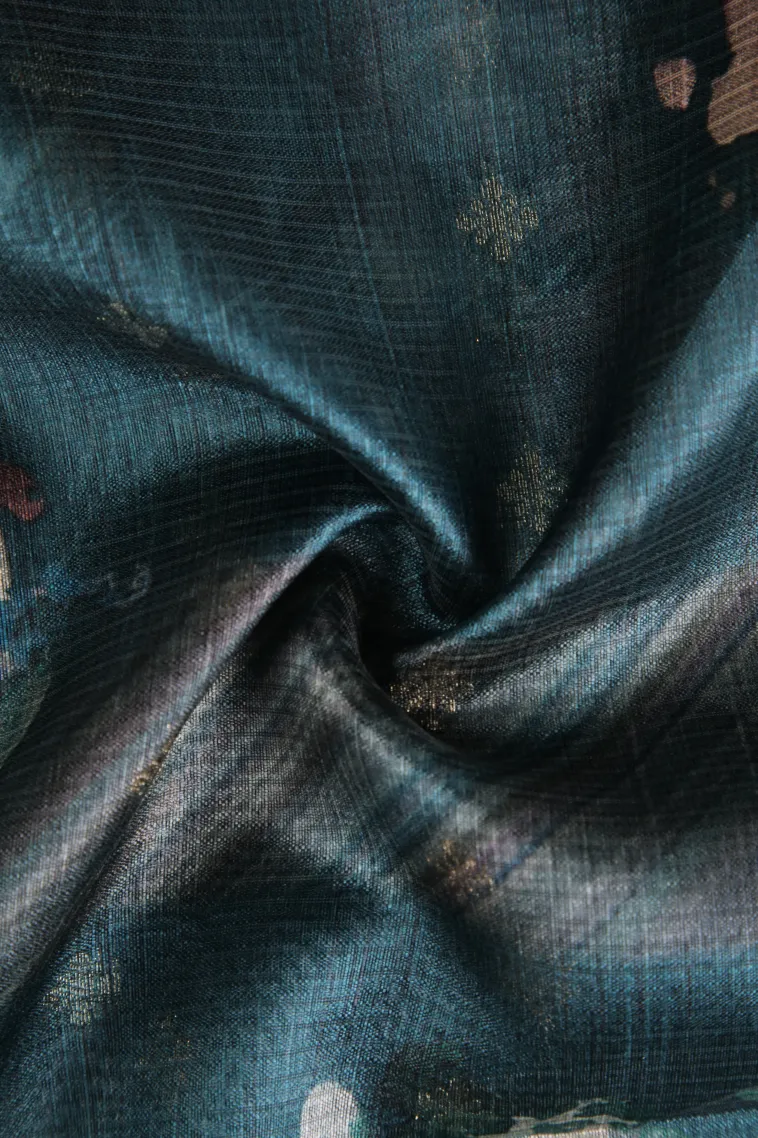Cerulean Blue Semi Tussar Silk with Bronze Zari Floral Patterns view 4