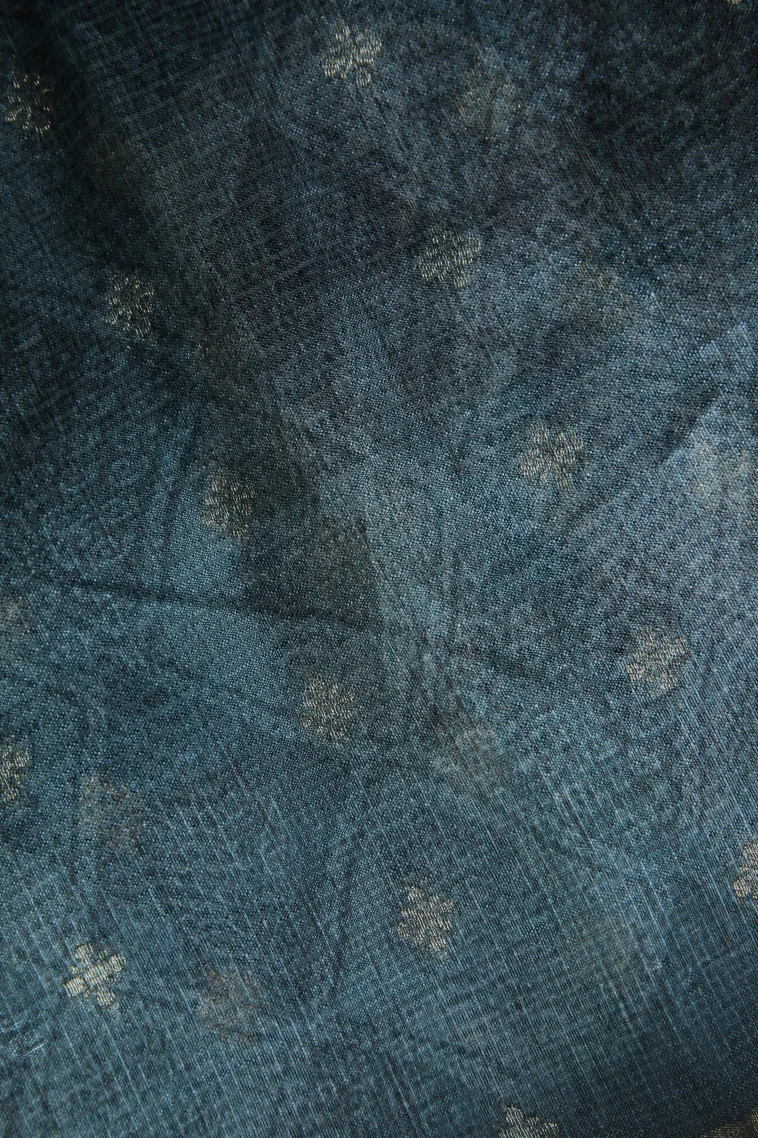 Cerulean Blue Semi Tussar Silk with Bronze Zari Floral Patterns view 3