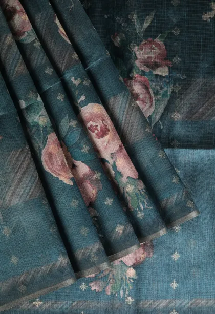 Cerulean Blue Semi Tussar Silk with Bronze Zari Floral Patterns