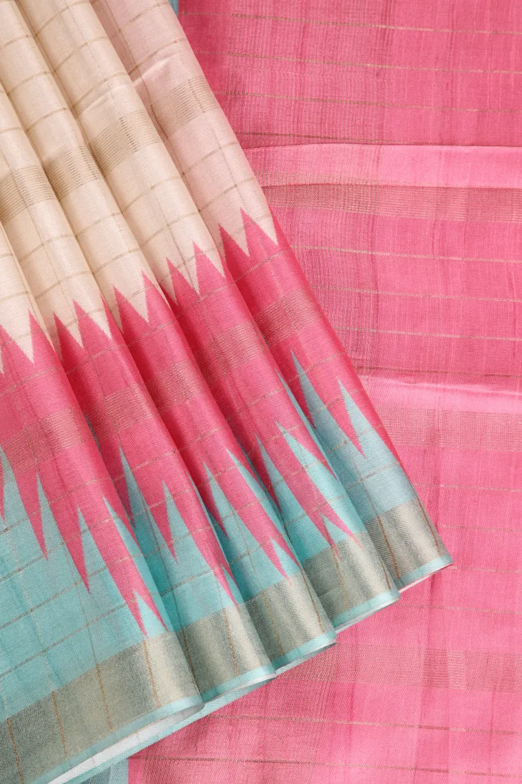 Ivory White Tussar Saree with Gold Zari Checks