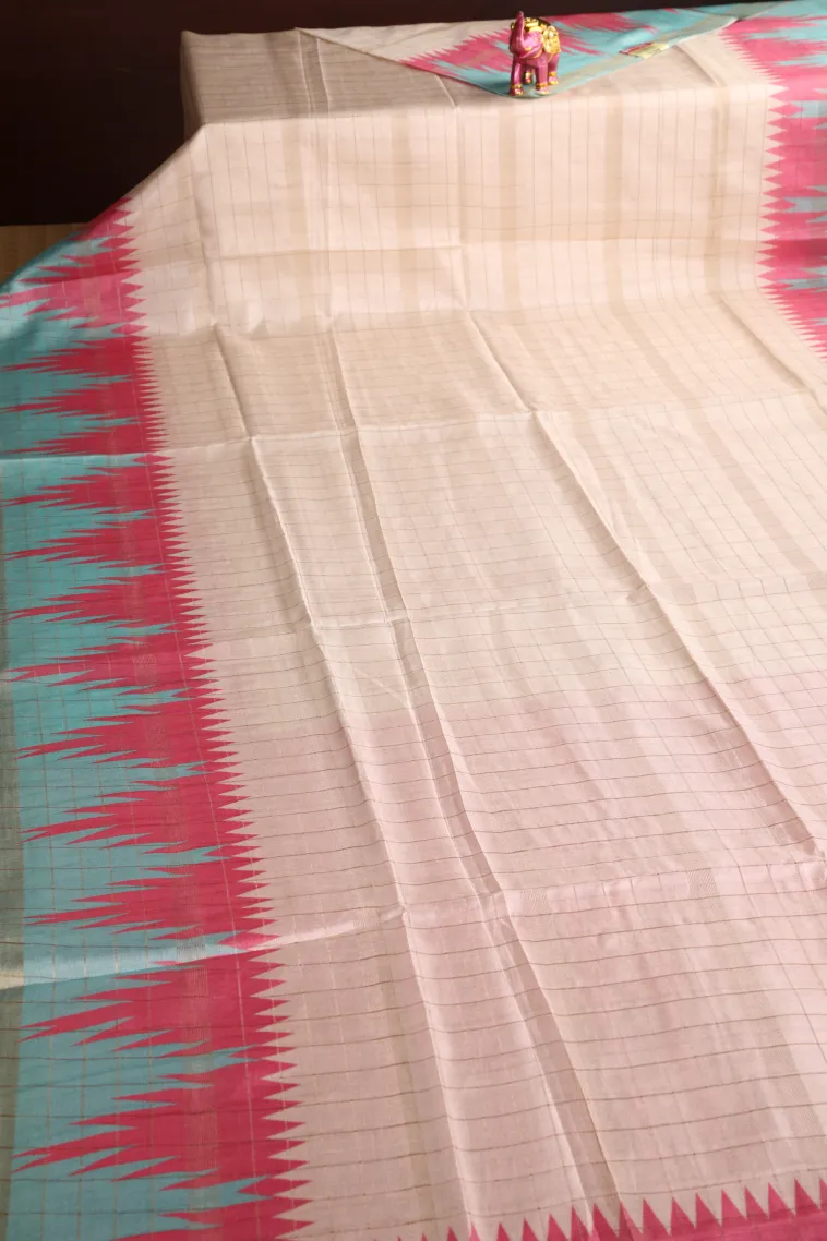 Ivory White Tussar Saree with Gold Zari Checks view 2