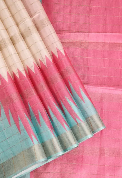 Ivory White Tussar Saree with Gold Zari Checks