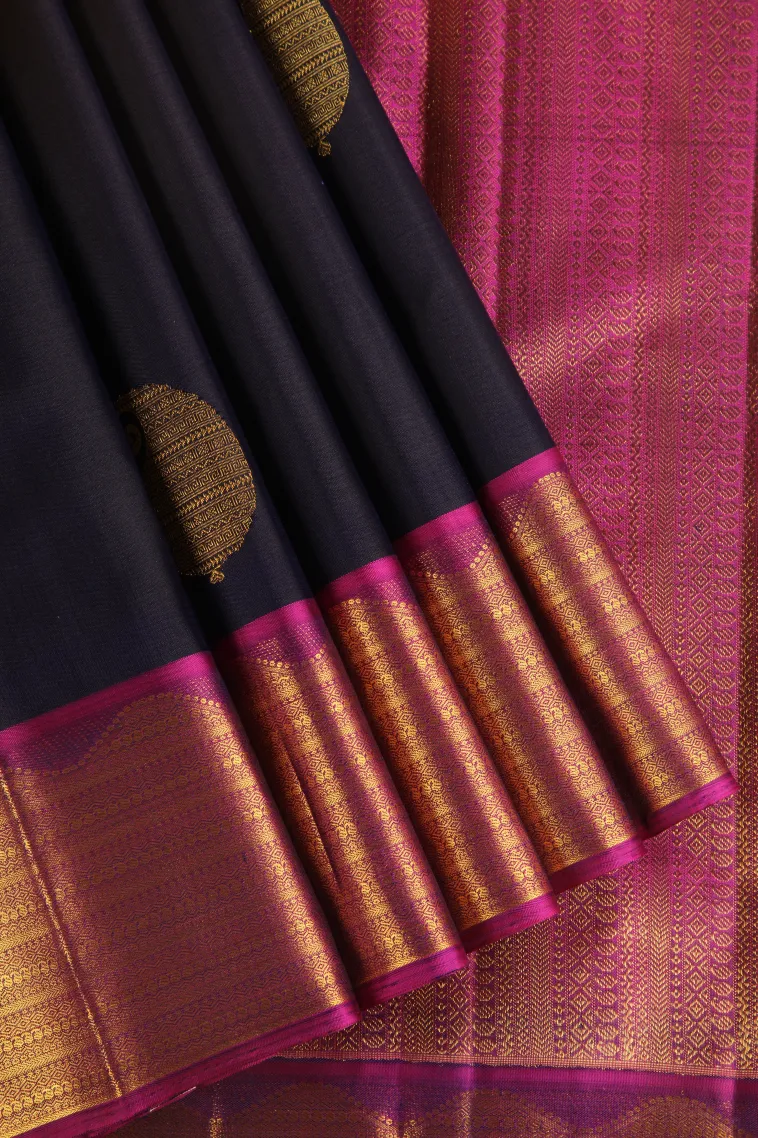 Indigo Blue Kanchipuram Silk Sarees with Gold Zari Mango Puttas view 1