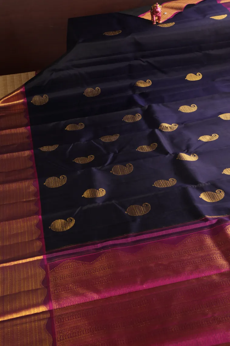Indigo Blue Kanchipuram Silk Sarees with Gold Zari Mango Puttas view 2