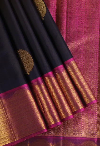 Indigo Blue Kanchipuram Silk Sarees with Gold Zari Mango Puttas