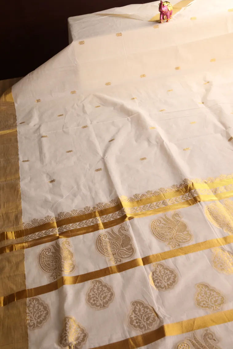 Coconut White Kasavu Sarees with Gold Zari Buttis (small Dots Or Motifs) view 2