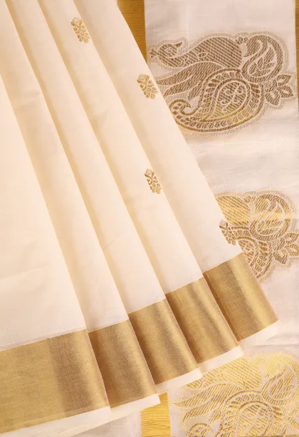 Coconut White Kasavu Sarees with Gold Zari Buttis (small Dots Or Motifs)
