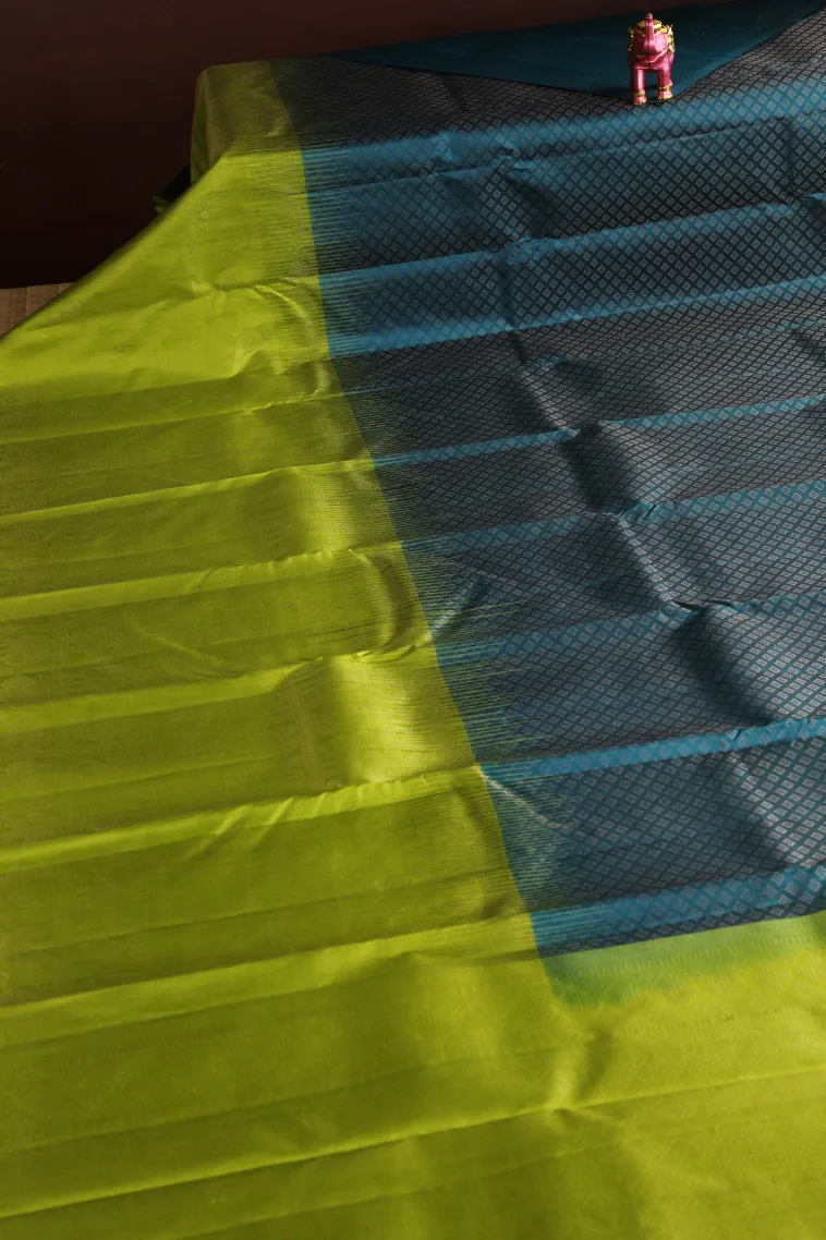 Peacock Blue Soft Silk Saree with Silver Zari Geometric Shapes view 2