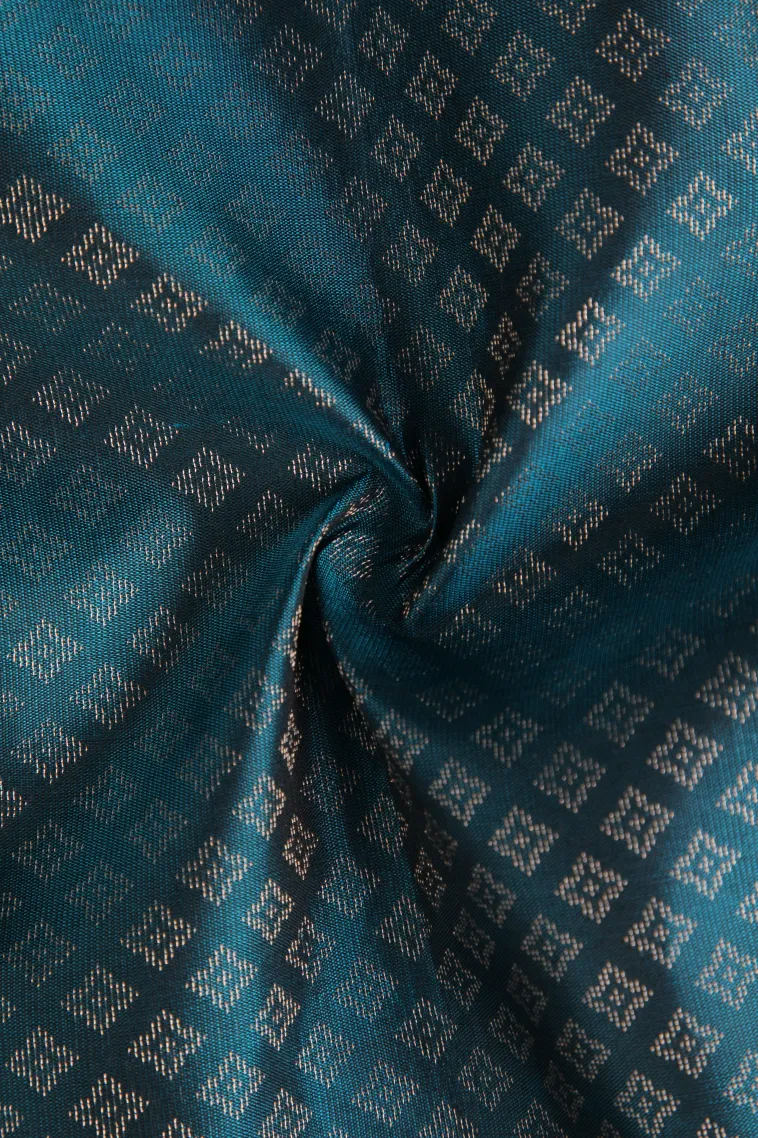 Peacock Blue Soft Silk Saree with Silver Zari Geometric Shapes view 4