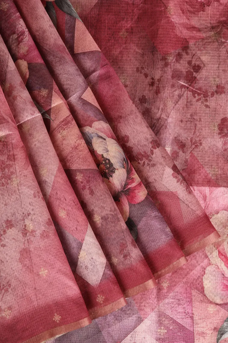 Rouge Pink Semi Tussar Silk Without Zari With Floral Patterns